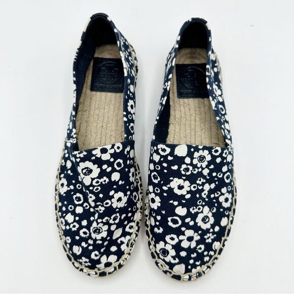 Tory Burch Risa Navy Blue Floral Print Slip-On Flat Espadrilles Sz 6M - Picture 6 of 13